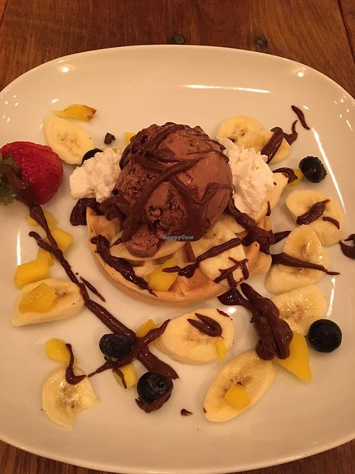 Waffle w/fresh fruit & ice cream at The Greyhound Cafe in Malvern