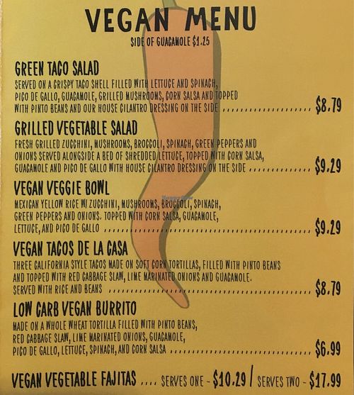 Vegan Menu at Taco Rico - Tropical Park in Miami