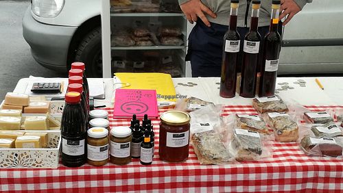 Packed meat, wine, honey, syrup and soap at Farmers' Market Rimskata Stena in Sofia