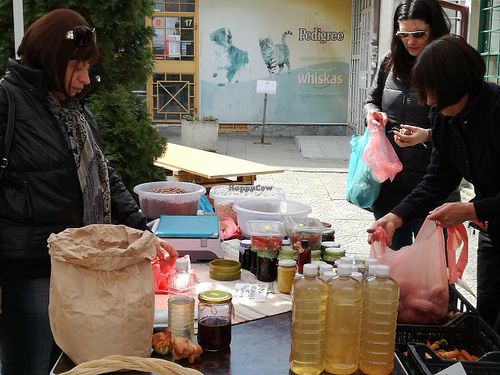 Vinegar, jams, pickles and some fresh veggies at Farmers' Market Rimskata Stena in Sofia