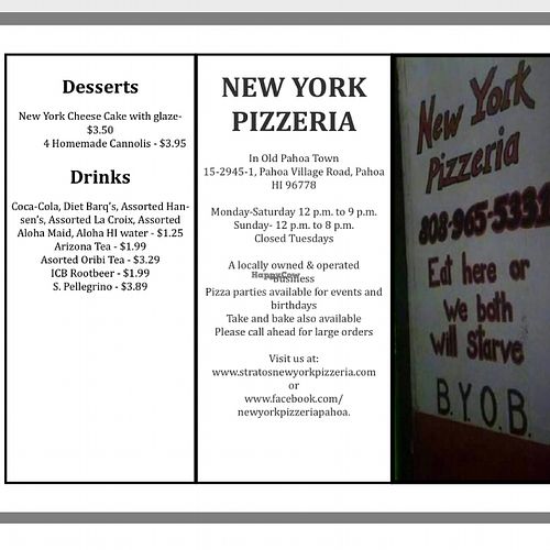 menu page 1 at Stratos New York Pizzeria in Pahoa