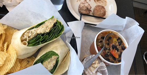 Vegan egg salad, veggie quinoa chili, and a mini muffin and donut hole at Cool River Coffee House & Bakery in Breckenridge