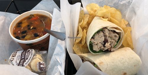 Vegan chicken salad wrap and veggie quinoa chili...insanely delicious  at Cool River Coffee House & Bakery in Breckenridge