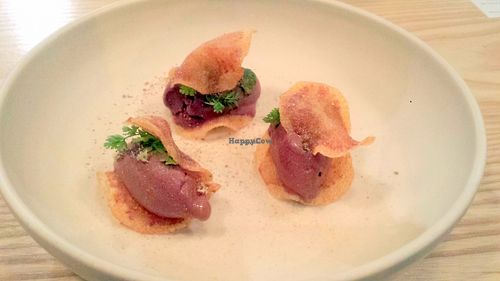 Dessert - chocolate vegan soft-serve ice cream sandwiched between crisp potato chips.  My favorite of our tasting menu! at Please in Cincinnati