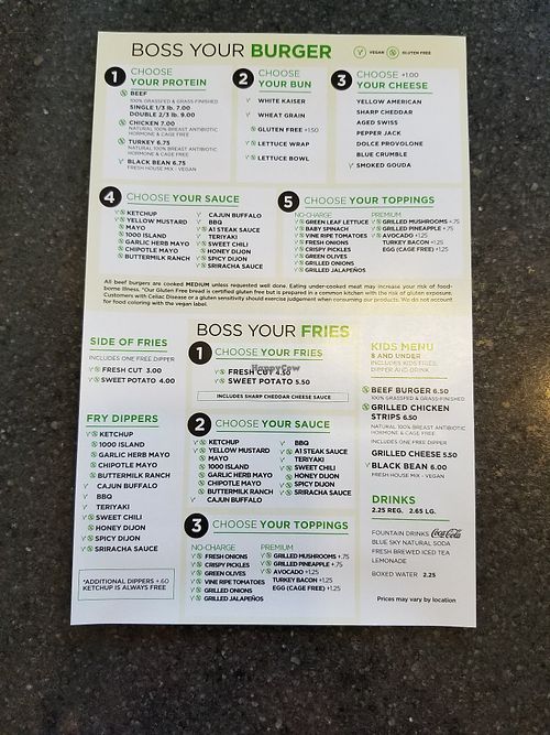 Their menu which identifies what is vegan. at Burger Boss in Riverside
