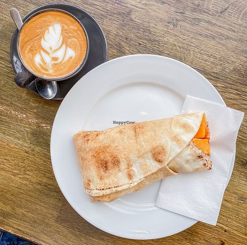 coconut flat white + moroccan butternut flatbread at The V & V Cafe in Glasgow