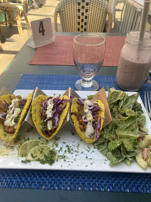 Three Jackfruit Tacos w/salad (tacos a little spicy for me) but delicious 😋   at Green Door Cafe in La Jolla