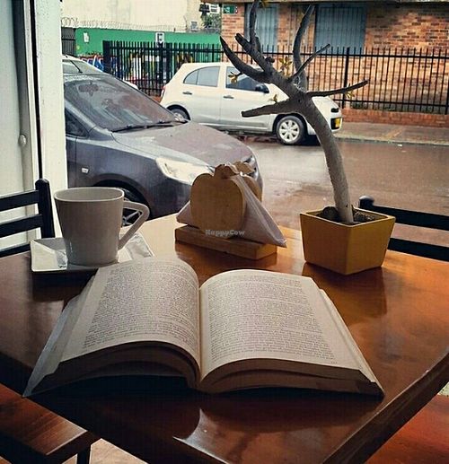 A rainy day, a cocoa tea and a good book in Wadaka at Wadaka Bites in Bogota