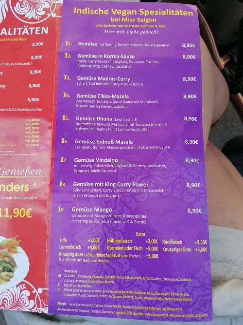Indian menu at Miss Saigon in Hannover