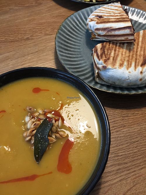 roasted butternut squash soup and vegan burrito! very yummy☺️ at Soup Stone Café in Odense