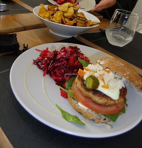 Tofu burger with beetroot and carrot salad and lots of garnish. at Vegan Joe's  in Loule