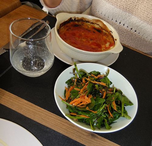 Cauliflower and lentil bake  with baby leaf salad. at Vegan Joe's  in Loule