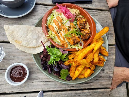 Daily lunch (Falafel with fries and more) at Caffi Caban Cafe in Brynrefail