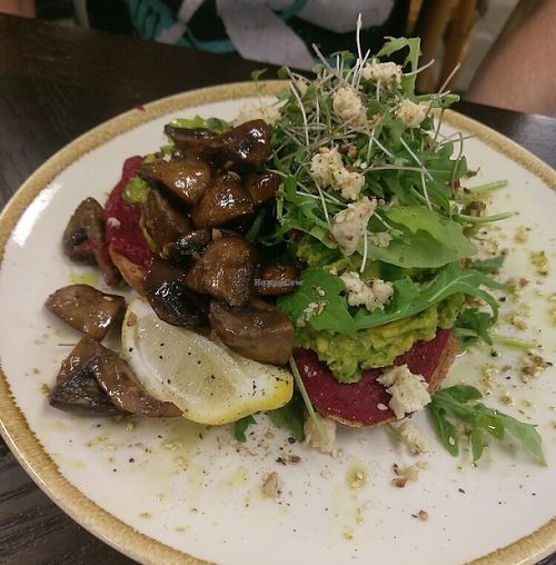 avocado, beetroot and vegan feta with added mushrooms  at Evolve Cafe in Rocklea
