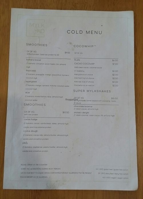 cold menu 1 at MYLK + KO in New Farm