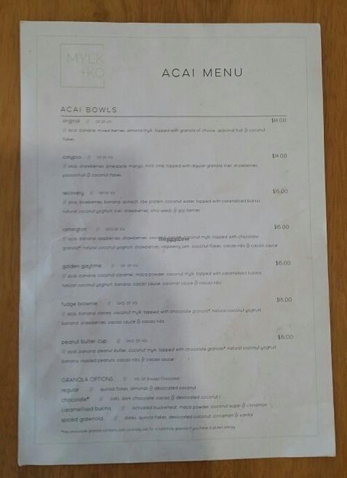acai menu at MYLK + KO in New Farm
