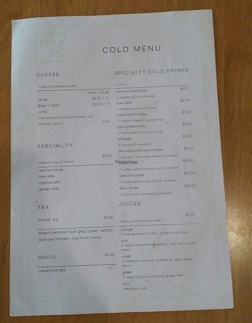 cold menu 2 at MYLK + KO in New Farm