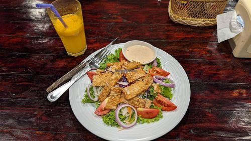 Tempeh salad with coconut and peanut dressing. And an amazing passion fruit shake. at Tofu Kitchen in Koh Chang