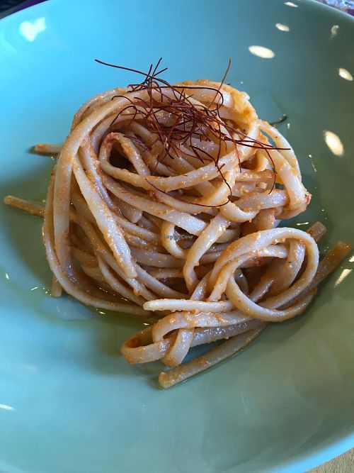 Pasta with red pesto at Cardamomo Cucina Vegana in Arona