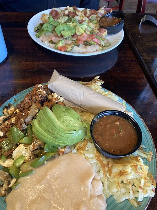 Vegan scramble and vegan enfrijoladas  at Aunt Yese's Home Cooking in Garden Grove
