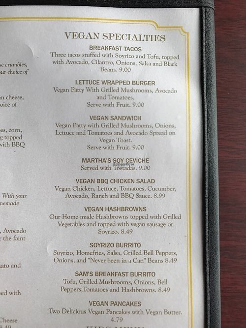 Their vegan menu. Also try the vegan scrAmble that is not listed on the menu. It's amazing! at Aunt Yese's Home Cooking in Garden Grove