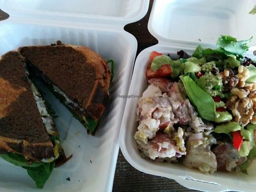 roast beast sandwich and half potato salad/half wild greens salad at The Very Good Butchers in Victoria