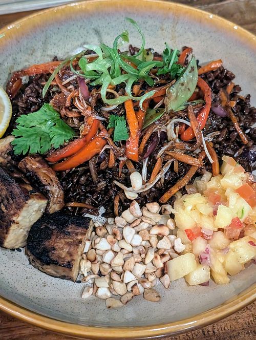 Grilled mushroom and veggie rice bowl minus the mushrooms and sub tempeh. Didn't love this at SHAKA - Bohol in Panglao
