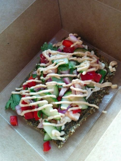 V for Veggie pizza at Vegan Hippie-Chick Cafe in Victoria