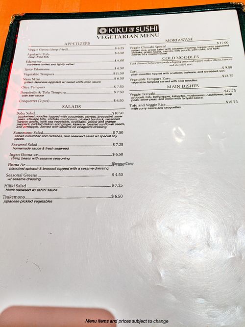 Vegetarian menu (page 1 of 2) at Kiku Sushi at Kiku Sushi in Berkeley