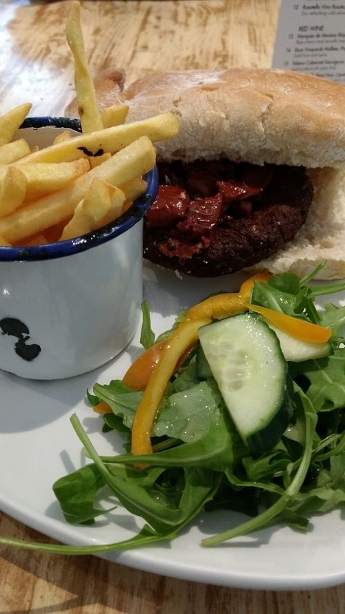 falafel burger, fries and salad at Chapter 17 in Hebden Bridge