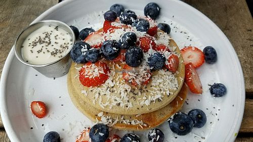 buckwheat pancake with soya yogurt at The Longhouse Cafe in Brighton