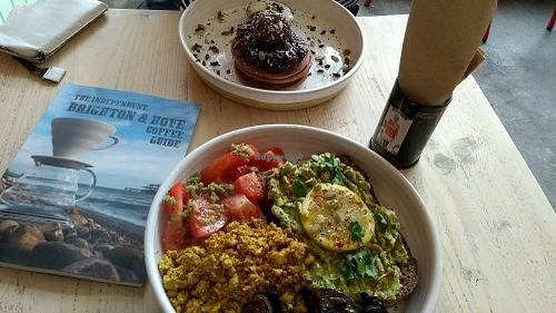 Full breakfast and buckwheat pancakes at The Longhouse Cafe in Brighton