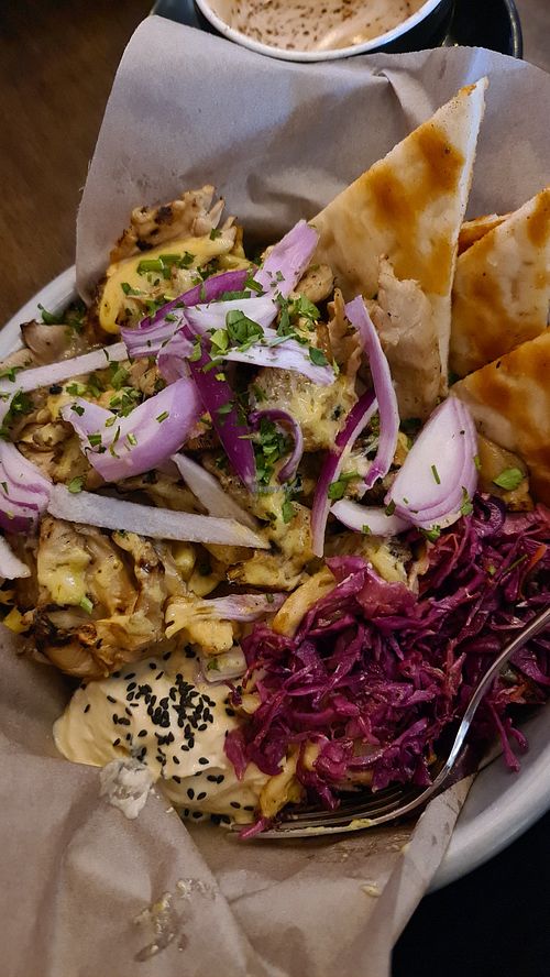 Open oyster mushroom souvlaki at Olive Oil & Butter Kafe in Kingsville