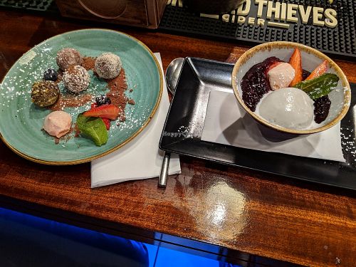 Vegan chocolate truffles on the left, vegan black rice pudding on the right at Lime in Galway
