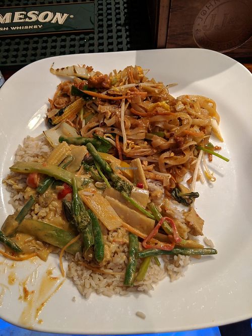 Vegan Pad Thai on top; vegan That Red Curry on bottom (we shared our dishes) at Lime in Galway