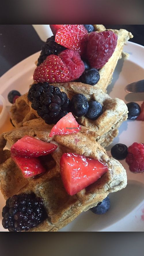 GF + Vegan Buckwheat Waffles with mixed berries at Honey Cup Coffee and Kitchen in Oxnard