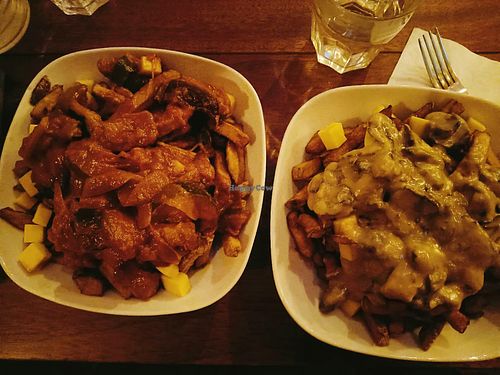 Vegan poutine two kinds at Au Nouveau Monde in Bordeaux