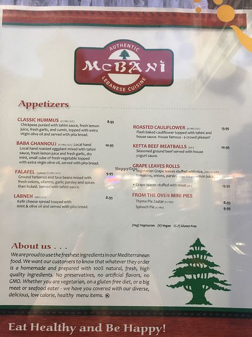 Menu clearly labels which options are vegan (v) and vegetarian (veg) at McBani Authentic Lebanese Cuisine in Seaside