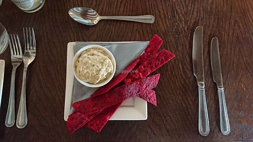 Beetroot bread and humous starter. at The Walnut Tree in Eye