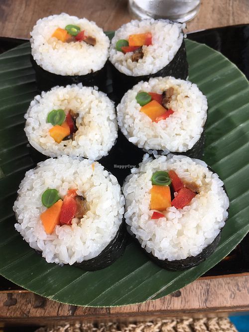 Big sushi rolls with wasabi, ginger and soy sauce at Cafe Beras in Ubud