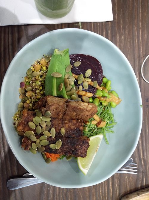 Nourish bowl - wild rice, roast beet, carrot kimchi, edamame, avo, pepitas, and tempeh. Miso soy ginger glaze. at George Street Quarters in Fremantle