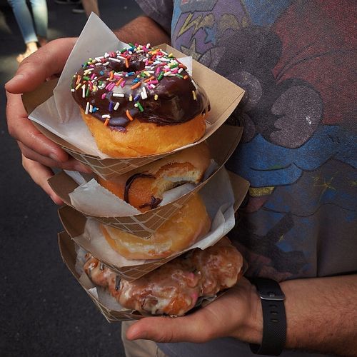 Chocolate Sprinkle, The Lorax, Classic, and Maple Bacon Fritter at Bad Day Donuts in Chicago