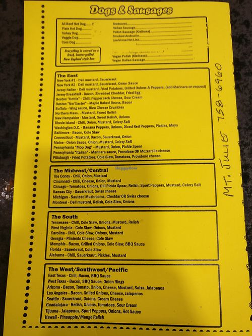 Full menu of hot dog choices at Cori's DogHouse in Nashville