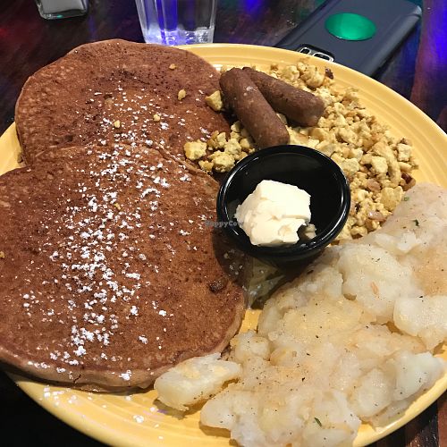 Pancakes, tofu scramble, sausage and potatoes at The Grain Cafe in Long Beach
