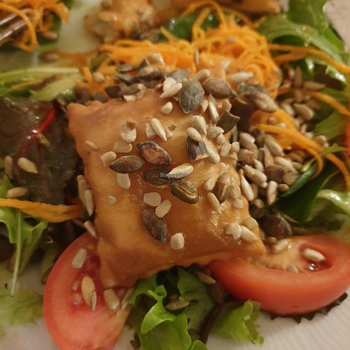 Vegan cheesy fried pastry parcels on salad at Hotel de l'Europe in Le Monetier-les-bains