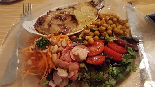 delicious vegan potato bake and salads at Hotel de l'Europe in Le Monetier-les-bains