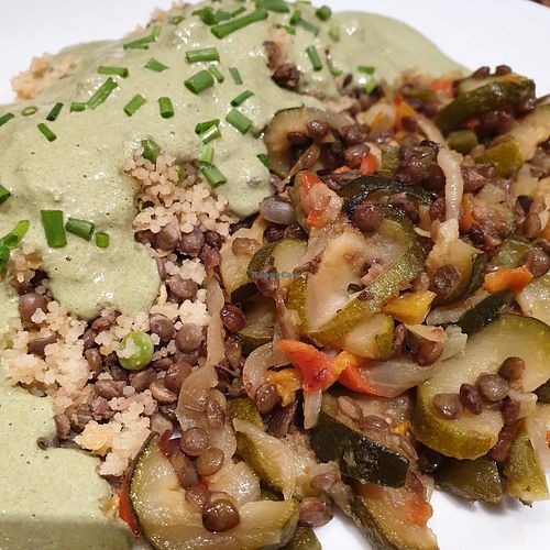 Lentil stew with rice and vegan creamy herby sauce at Hotel de l'Europe in Le Monetier-les-bains