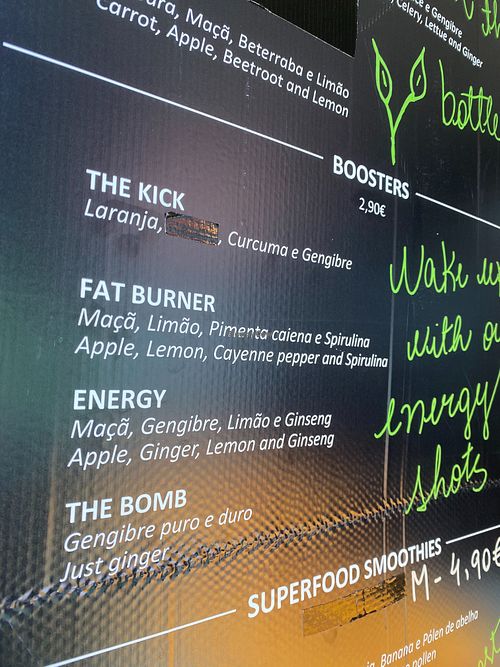 Booster shots menu at Yao Pressed Juicery in Lisbon