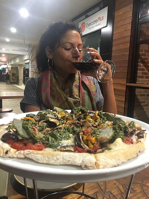 Verdura pizza and vegan wine! at Pinocchios Wine & Pizza Bar in Gosford