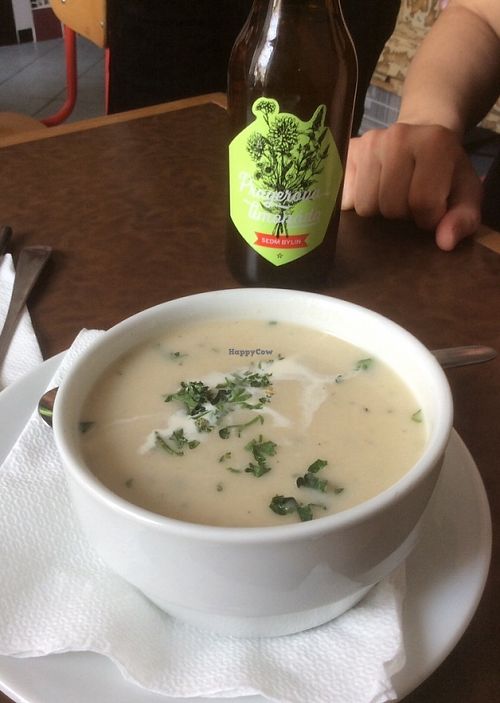 A divine cauliflower soup, gentle creamy and warming. at Kuchařky bez Domova in Prague